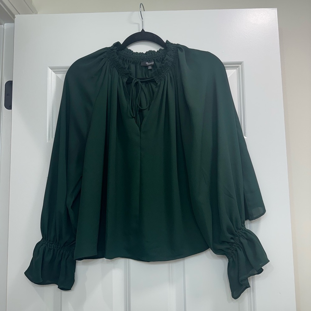 Madewell Dark Green Blouse with Ruffled Sleeves